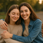 Two women smiling on a bench representing silent bond friendship