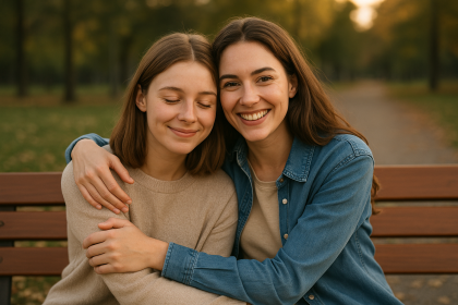 Two women smiling on a bench representing silent bond friendship