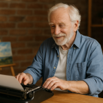 late bloomer success story of an elderly man writing at a typewriter