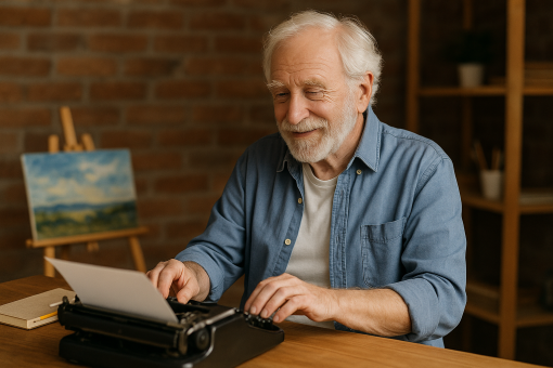 late bloomer success story of an elderly man writing at a typewriter