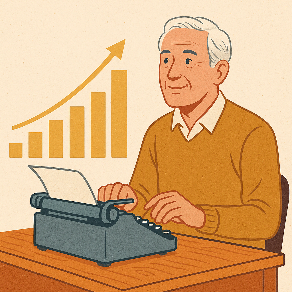 illustration of a late bloomer success story with an elderly man typing on a typewriter and a growth chart behind him